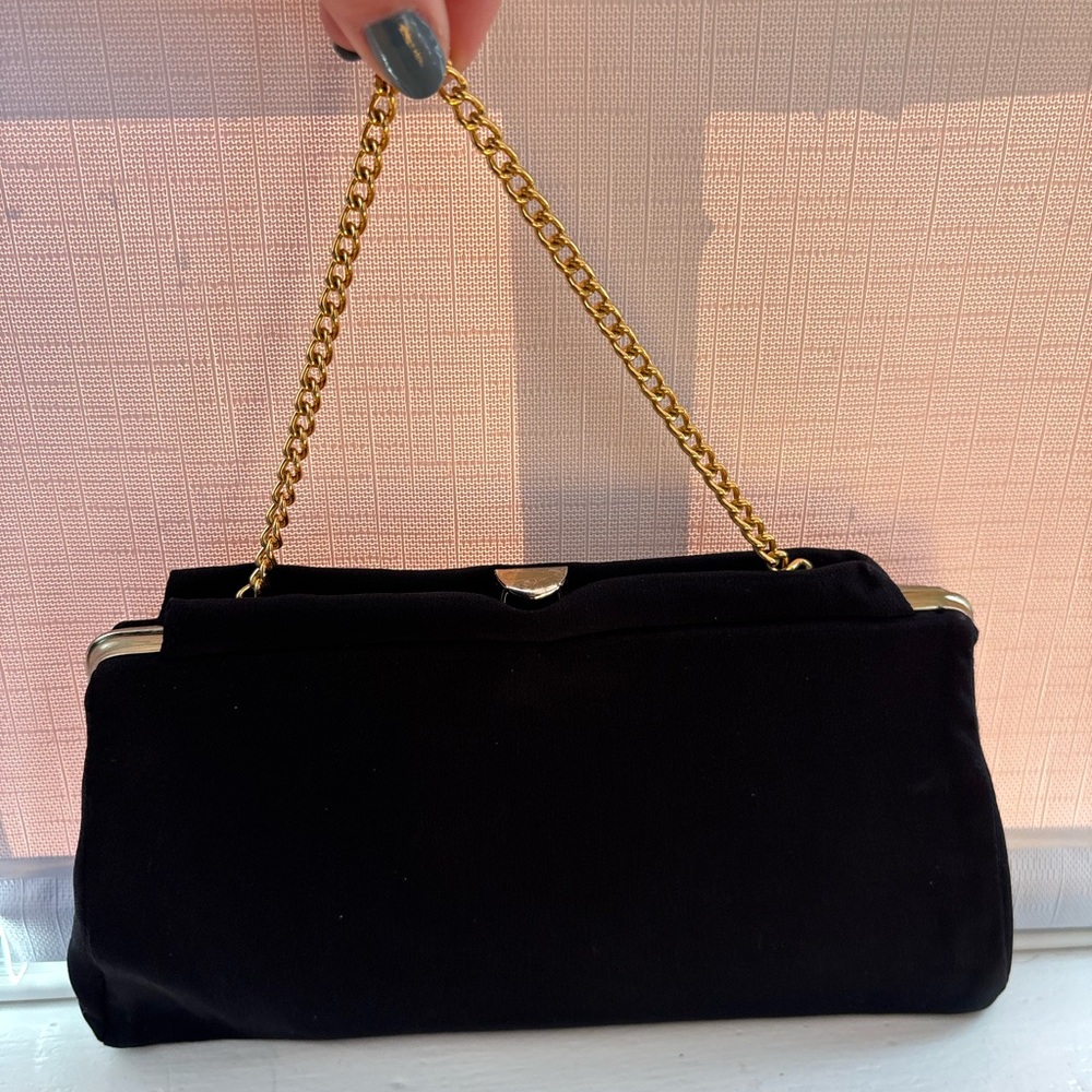 1990s Vintage Black Clutch with Gold Chain